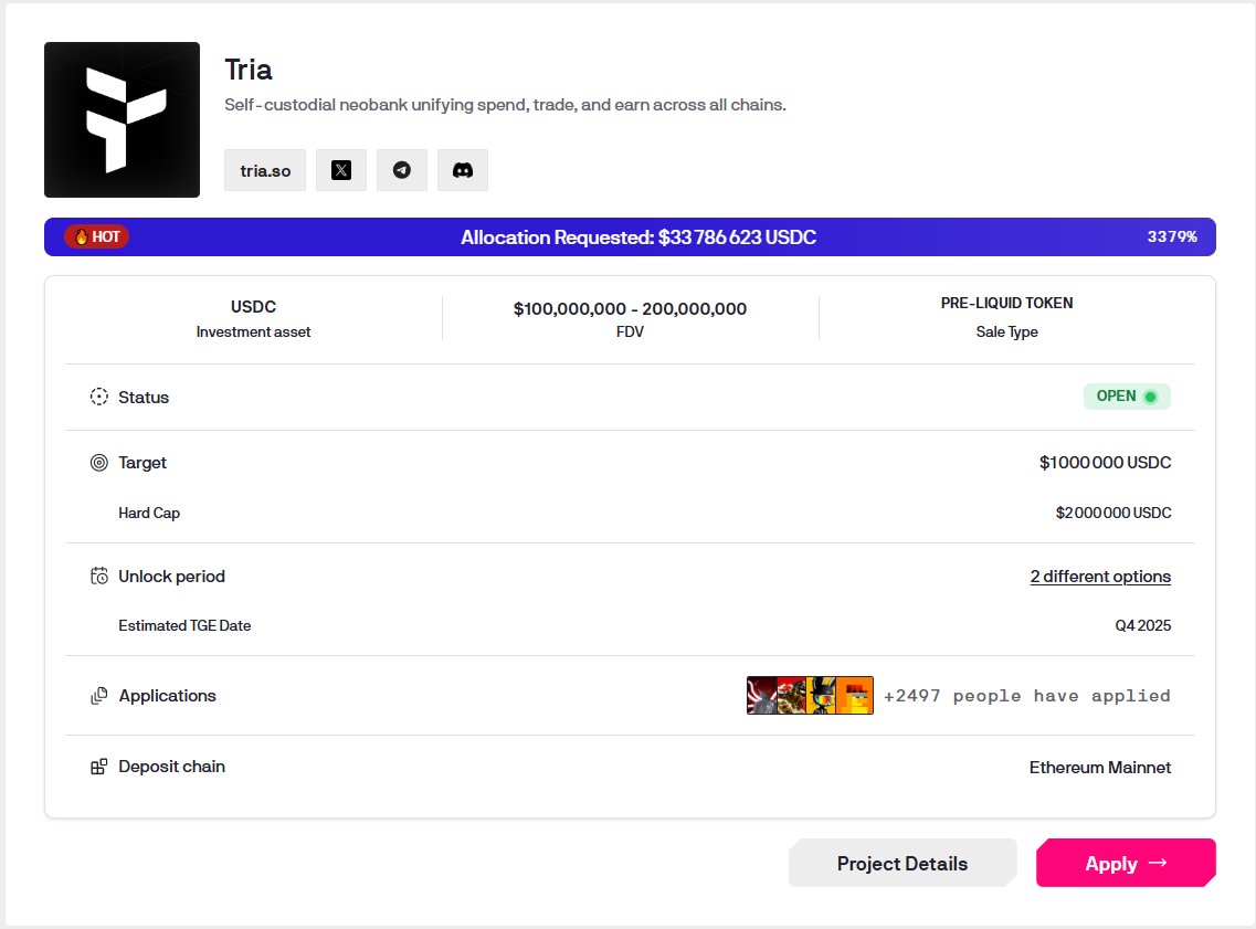 There's the presale of <a href="/useTria/">Tria</a> on Legion Nozomi, a Self-custodial neobank unifying spend, trade, and earn across all chains.

Here are the terms:

FDV $100,000,000 30% at TGE, the remaining 70% linearly unlocked over 6 months (which includes a 2 months cliff). 
FDV $200,000,000