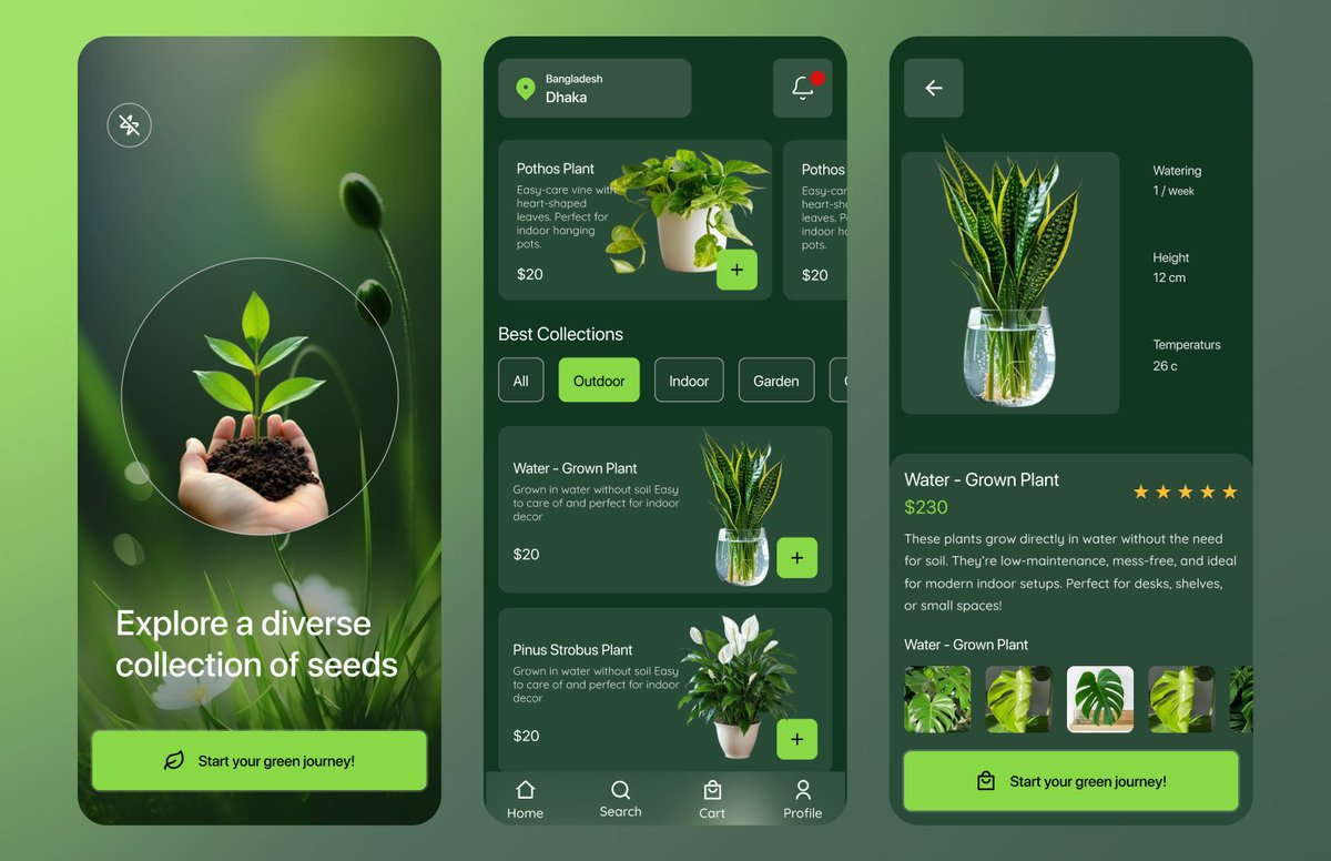 EmmanuelUIUX's tweet image. Plant Shop Mobile App UI 🌿
A nature-inspired app design that makes exploring and purchasing plants feel simple and refreshing. The goal was to create a clean, green, and calming interface that connects users with nature through smooth navigation and balanced visuals.
#UIDesign