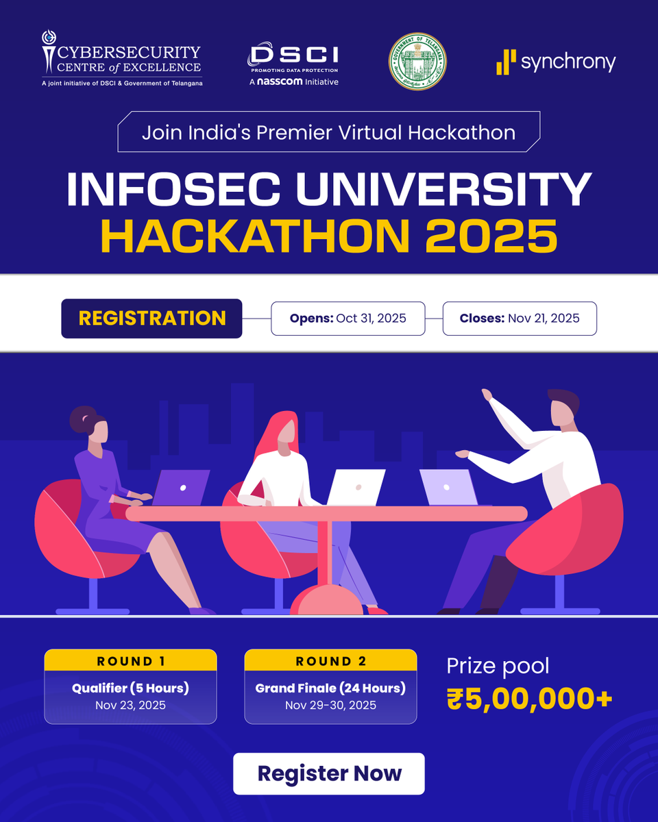 ccoe_hyd's tweet photo. Join India’s Premier Virtual Hackathon! 🔐

The InfoSec University Hackathon 2025, organized by Synchrony in collaboration with the Cybersecurity Center of Excellence, Hyderabad, is now open for registration.
 
This is your chance to solve real-world cybersecurity challenges, compete with top university talent across India, and win big! 💡💻
 
Registration Window:
Oct 31, 2025 - Nov 21, 2025
 
Round Structure:
Round 1 - Qualifier (5 Hours): Nov 23, 2025
Round 2 - Grand Finale (24 Hours): Nov 29–30, 2025
 
24-hour Jeopardy-style virtual hackathon
Virtual | National | Open to university students
 
Prize Pool: ₹5,00,000+ 🏆
Win cash prizes and an internship opportunity exclusively for pre-final and final-year students.
Ready to test your skills and make your mark in cybersecurity?
 
👉 Register now: https://t.co/aGD9CqpwKG