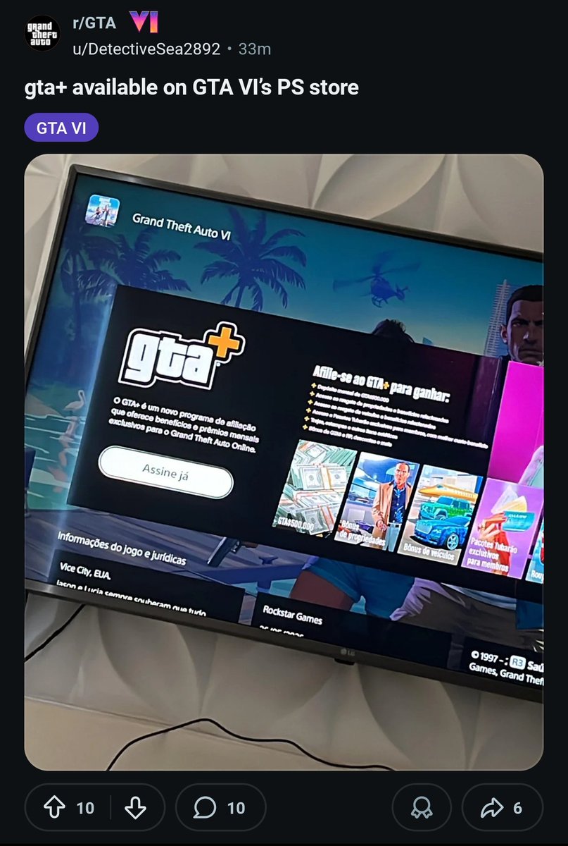 From Reddit: GTA 6's PS5 store page has reportedly updated.... To include GTA+ 😐
