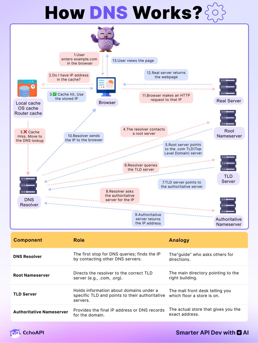 EchoAPIteam's tweet image. Ever wondered how DNS actually works? 
A simple visual guide that breaks down what happens behind every URL you type.
From your browser to the root servers — here’s the journey of a domain name. 🌐
#pythonlearningjourney  #web