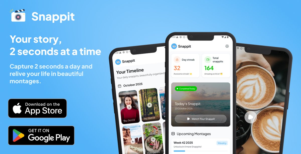 The closed beta for <a href="/Snappit_/">Snappit</a> is starting soon 🎉

📸 Capture 2 seconds every day and watch your life unfold through automatic video montages.

Join the beta now and get 6 months of Snappit Pro for free 🎁

Link in the comments 👇