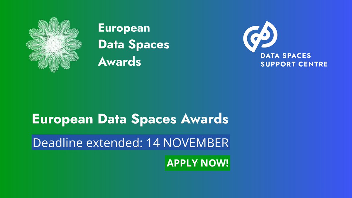 BDVA_eu's tweet image. 🚨Extended deadline for the European #DataSpaces Awards 2025❗

🛑New deadline: 14 Nov

APPY NOW👉dssc.eu/space/EDSA2/13…

🏆Organised by the #DSSC, the awards will celebrate outstanding achievements in #datasharing &amp;amp; promote best practices.

#EuropeanDataSpaces
#DataSpacesAwards