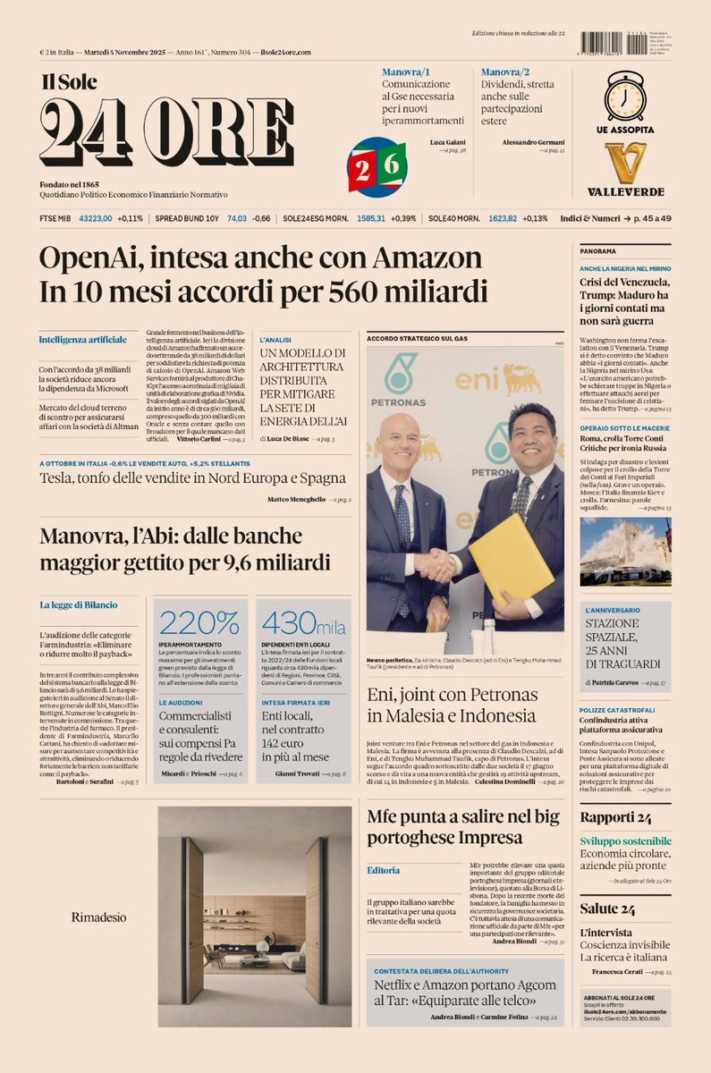🗞️ Ecco la prima pagina del #Sole24Ore di oggi, martedì #4novembre. #OpenAi, intesa anche con #Amazon: in 10 mesi accordi per 560 miliardi. #Manovra, l'Abi: dalle banche maggior gettito per 9,6 miliardi. #Mfe punta a salire nel big portoghese #Impresa. #buonalettura #primapagina