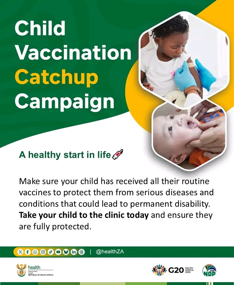 #CatchUpNow Make sure your child has received all their routine vaccines to protect them from serious diseases and conditions that could lead to permanent disability. Take your child to the clinic today and ensure they are fully protected.

health.gov.za/momconnect/