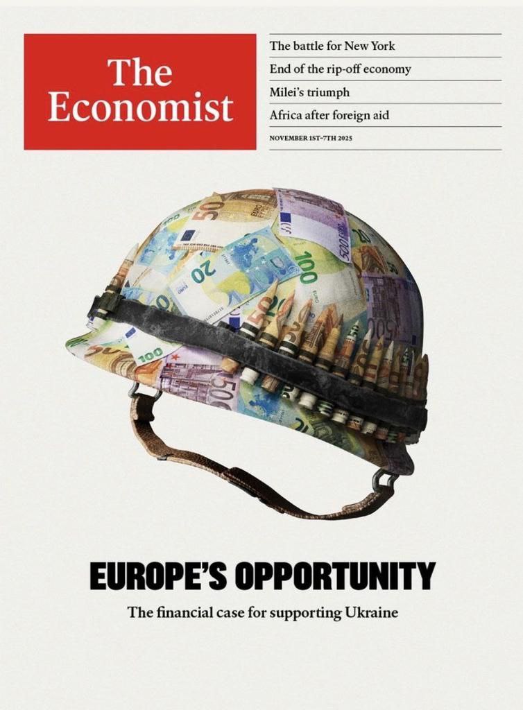 Covering a soldier's helmet with money and talking about "opportunities" for Europe, The Economist simply repeated the saying "One man's war is another man's mother."

At least they don't hide it now.