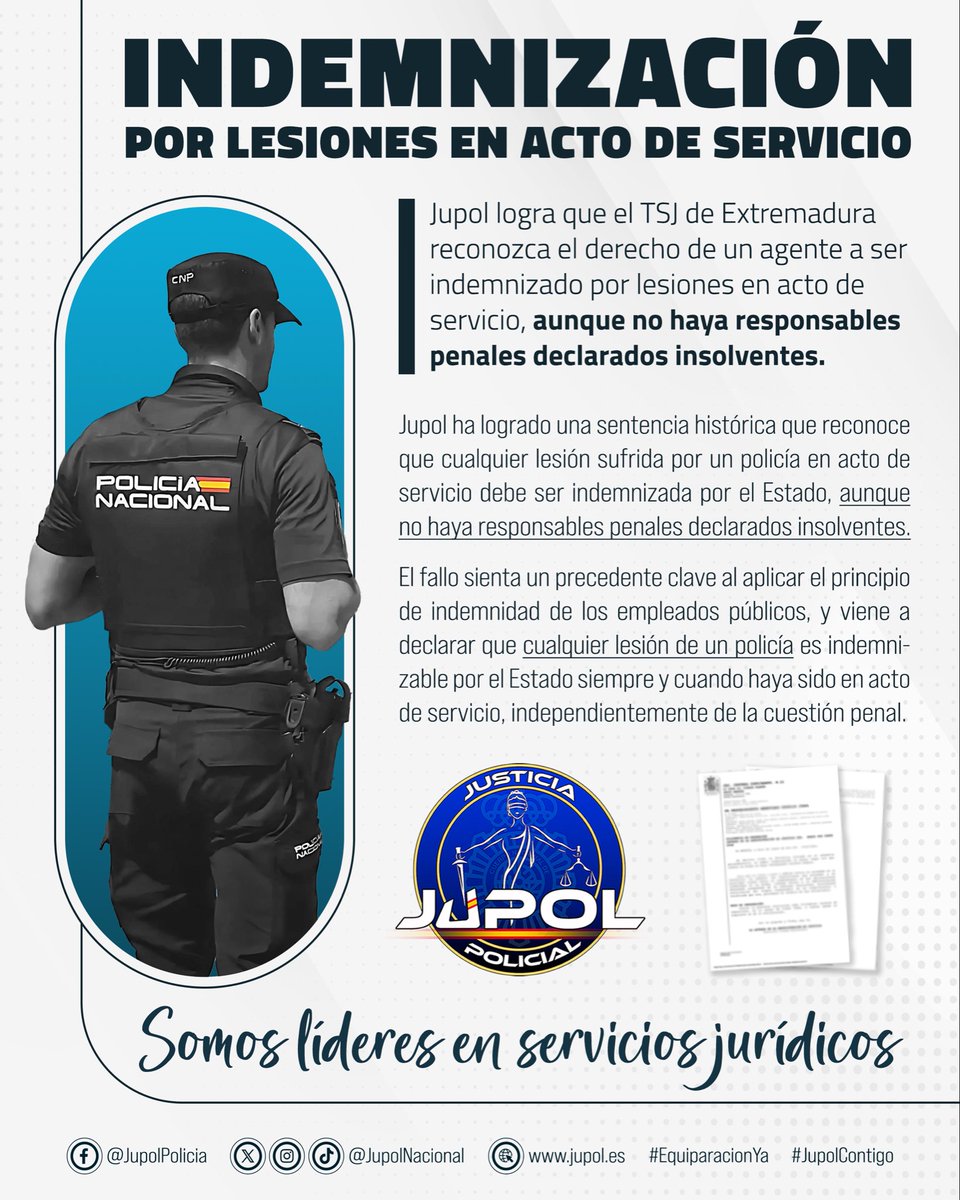 💶INDEMNIZACIÓN 
POR LESIONES EN ACTO DE SERVICIO

‼️JUPOL logra que el TSJ de Extremadura reconozca el derecho de un agente a ser indemnizado por lesiones en acto de servicio, aunque no haya responsables penales declarados insolventes.

🤩JUPOL ha logrado una sentencia histórica