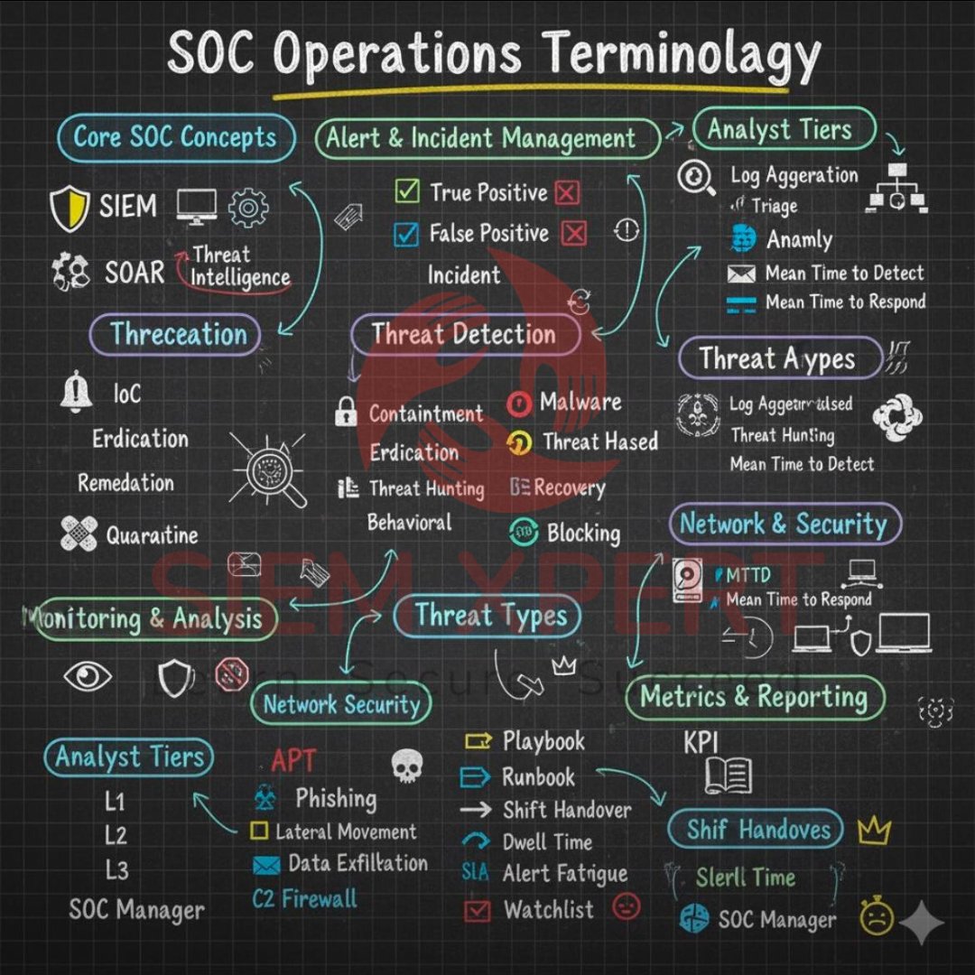 SiemXpert's tweet image. SOC made simple ⚡

Understand key #SOCOperations terms from #ThreatDetection to #IncidentResponse 🔍

At @SIEMXPERT, we train you on real tools like Splunk, Cortex XSOAR &amp;amp; CrowdStrike so you can go from learning ➡️ doing ➡️ hired.

#CyberSecurity #SOCAnalyst  #CyberCareer