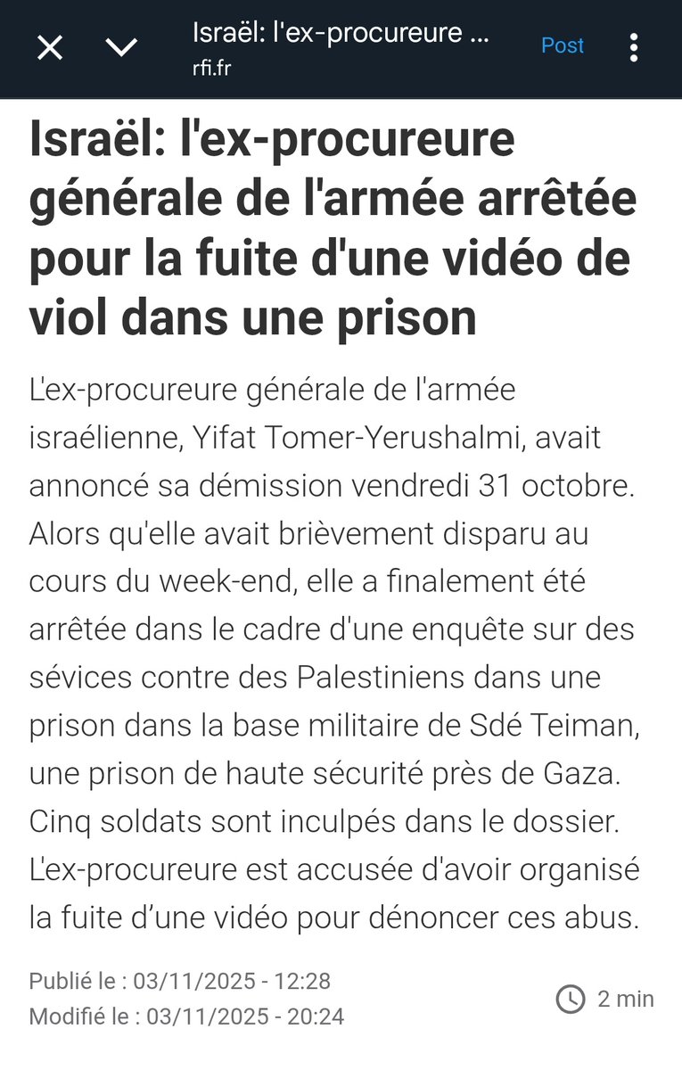 La procureure avait dénoncé un viol collectif par 5 soldats nazis israéliens sur un Palestinien.

Elle a été arrêté.

Le seul Etat colonial de la région.