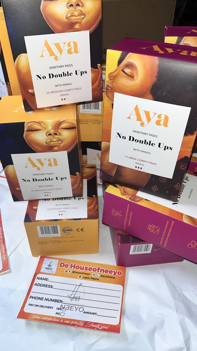 houseofneeyo's tweet image. Aya sanitary pads are soft, absorbent &amp;amp; gentle on the skin paired with hygienic disposal packs that make cleanup easy and odor-free. 🌸
Because your comfort and dignity come first. 💫

1300 naira per box 
Medium (24 boxes) Carton 🏷️ 31,000 naira.
Large (30 boxes) Carton 🏷️ 39,000…