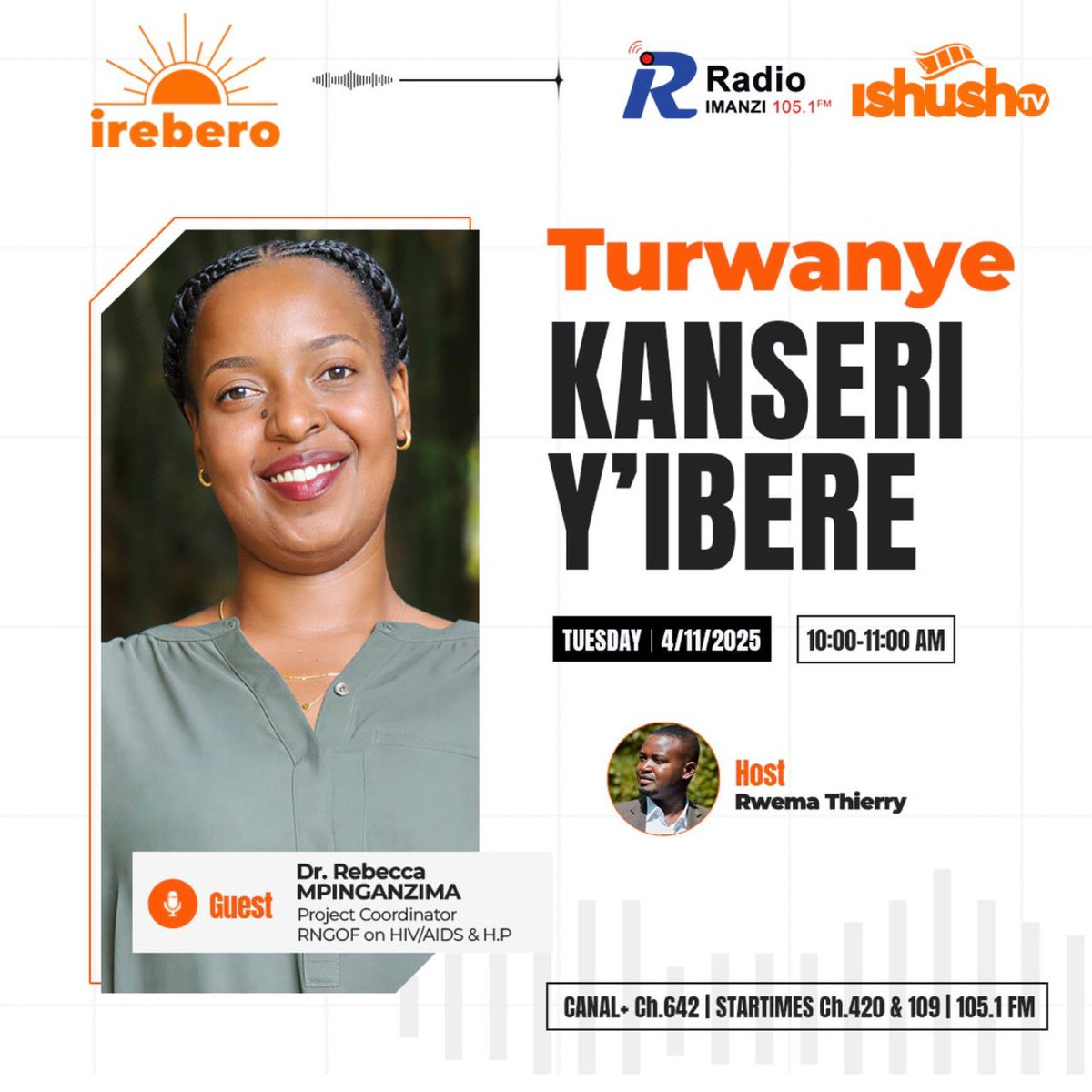 Tubararikiye gukurikirana ikiganiro ku insanganyamatsiko igira iti Turwanye Kanseri y'Ibere. Ni uyumunsi guhera I saa ine kugeza saa tanu za mugitondo ( 10:00am -11:00am) kuri <a href="/ISHUSHOTV/">Ishushotv Official</a> na <a href="/ImanziRadio/">RadioImanzi</a>  hamwe na <a href="/rwemathierry1/">RWEMA Thierry</a>  na <a href="/RMpinganzima/">Rebecca MPINGANZIMA,MD</a> 

Ntimucikwe