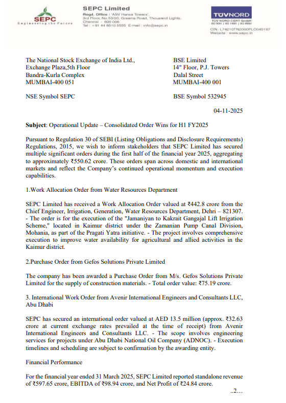 vluxeinvests's tweet photo. 🚰 SEPC secures ₹550.6 Cr orders across India & Abu Dhabi
👉🏻 ₹442.8 Cr order from Water Resources Dept, #Bihar for Jamaniyan–Kakrait Lift Irrigation Scheme under Pragati Yatra initiative
👉🏻 ₹75.2 Cr order from #Gefos Solutions Pvt Ltd for supply of construction materials
👉🏻 ₹32.6 Cr (AED 13.5 Mn) international order from Avenir International Engineers (Abu Dhabi) for ADNOC projects 🛢️
#SEPC #OrderWin #Infrastructure #WaterResources #Engineering
