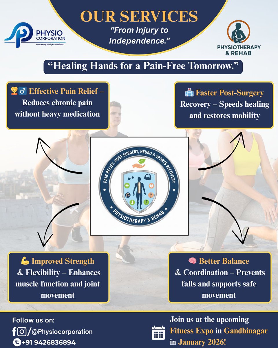 From Injury to Independence.
Experience Physiotherapy &amp; Rehab Services by Physio Corporation for effective pain relief, faster recovery, improved strength, and better balance for a pain-free tomorrow.

#PhysioCorporation #RehabExcellence #PainFreeLiving #PhysiotherapyCare