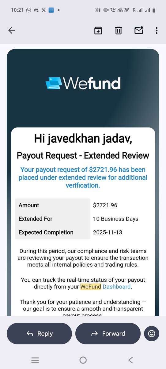 javedbrd's tweet photo. 🚨  PAYOUT UPDATE! 🚨
My latest @wefundofficial payout just went into Extended Review 🔍
⏳ 10 business days wait
📅 Expected by Nov 13, 2025

No stress — it’s all part of the prop firm journey 💪
Patience, discipline &amp; consistency = long-term success 

#WeFund #ForexTrading https://t.co/Vw1LnCIjpF