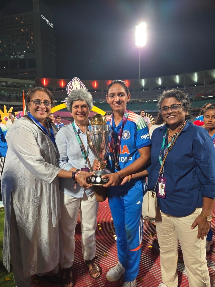 What a moment to cherish! 🏆 #SoProud of this team 🙌

When <a href="/ImHarmanpreet/">Harmanpreet Kaur</a> asked us to hold the 2025 World Cup trophy, it was a lifelong dream come true for all of us former players.

In this picture, we inadvertently ended up recreating the team management of the 2005 World Cup