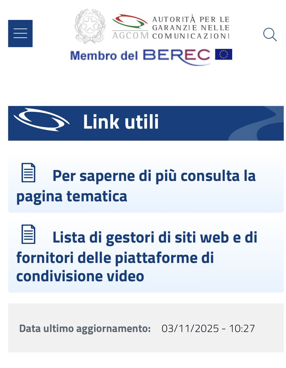 Dal 12 novembre scatta l’#AgeVerification per i siti porno. 
<a href="/AGCOMunica/">AGCOM</a> vi siete accorti di aver pubblicato la black list dei siti porno con link attivi? Perché di fatto sembra un “menu”. Serve subito rimuovere i link. #MinoriOnline #privacy 

agcom.it/sites/default/…