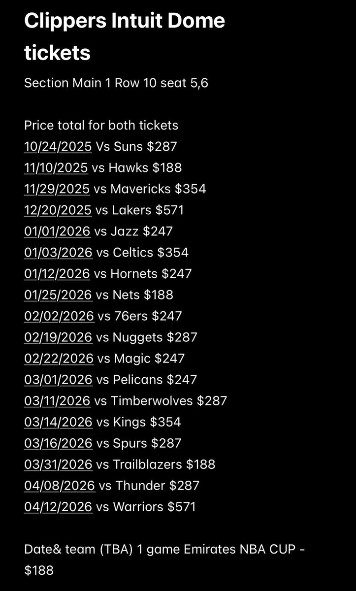 kali_kountry's tweet image. #clippernation 2 tickets 🎫 
main 1 row 10 seat 5,6  
almost floor seats
 prices are shown in photo with each game . All prices are official ticket price not here to make money just to keep fans in the seats .