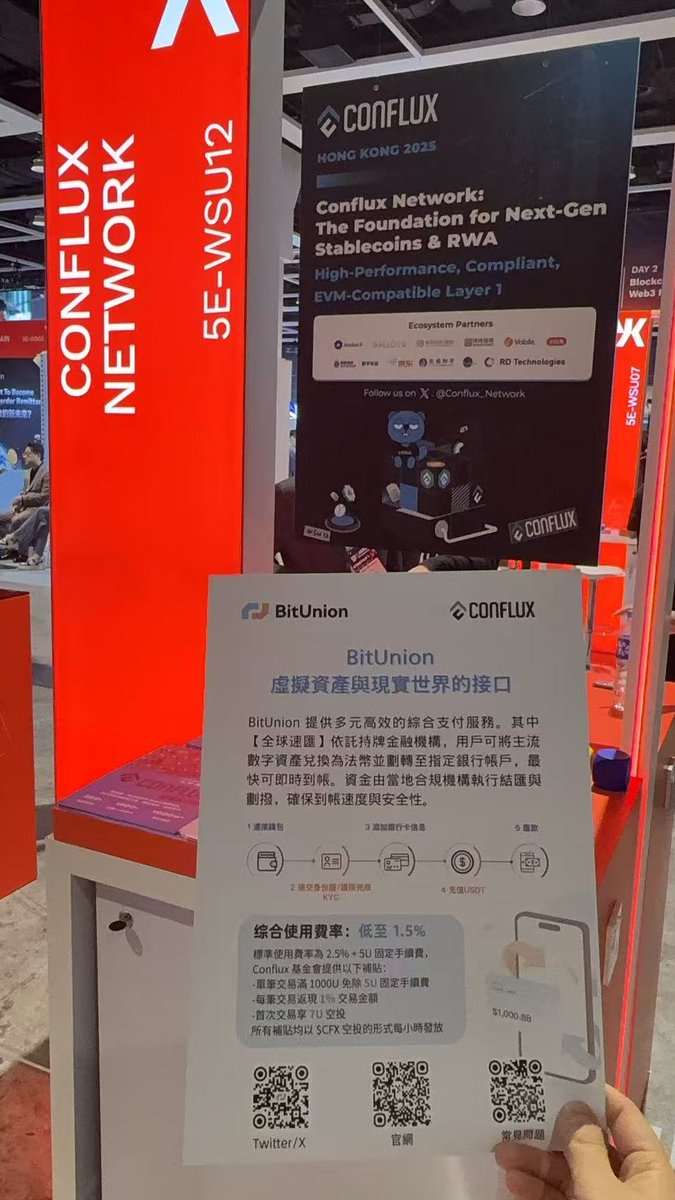 BitUnion_Card's tweet image. 我們和 @Conflux_Network 在 #HKFTW25 🍻

#BitUnion 作為 Conflux PayFi 生態的重要合作夥伴，致力於探索 Web3 與傳統支付結合的應用場景。通過【全球速匯】服務，安全、合規、快速地完成加密貨幣到法幣的轉換。
