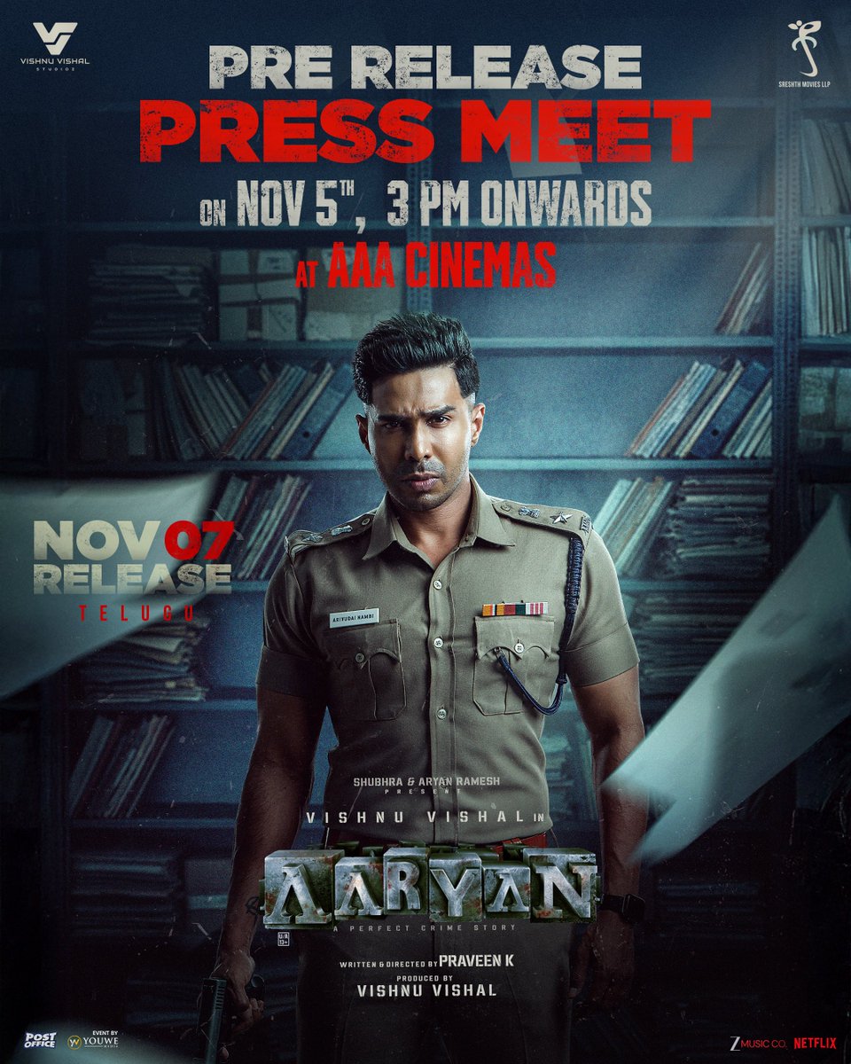 Gear up for the #AARYANTELUGU Pre-Release Press Meet tomorrow from 3 PM at AAA Cinemas, Hyderabad ❤️‍🔥

#AARYAN Releasing on Nov 7th 🔥

<a href="/TheVishnuVishal/">VISHNU VISHAL - VV</a> <a href="/VVStudioz/">Vishnu Vishal Studioz</a> <a href="/adamworx/">Praveen K</a> <a href="/selvaraghavan/">selvaraghavan</a> <a href="/ShraddhaSrinath/">Shraddha Srinath</a> <a href="/Maanasa_chou/">Cherukuri Maanasa choudhary</a> <a href="/GhibranVaibodha/">Ghibran Vaibodha</a> <a href="/dop_harish/">Harish Kannan</a> <a href="/Sanlokesh/">Sanlokesh Editor</a> <a href="/silvastunt/">silva stunt</a>