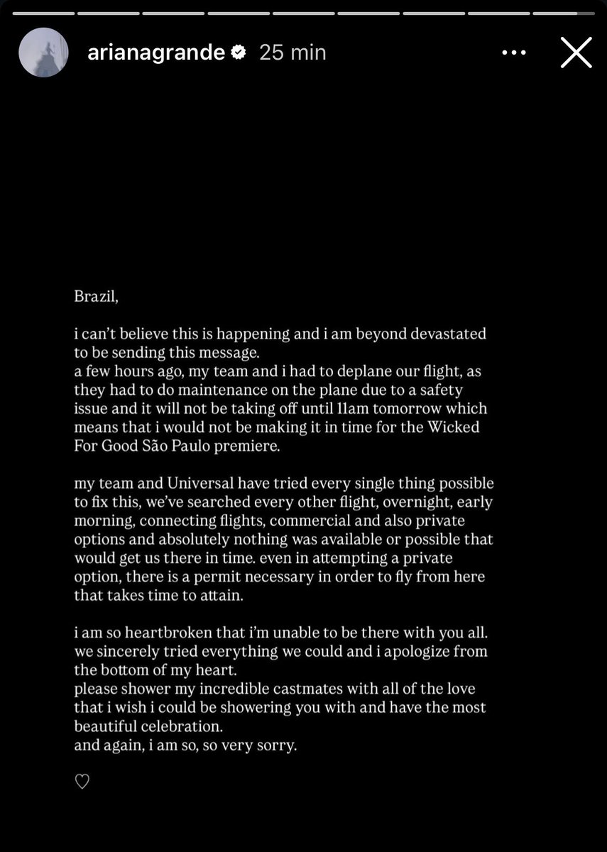 ArianaGonCharts's tweet image. 🚨Ariana Grande comunica que NÃO estará presente na premiere de Wicked: For Good em São Paulo via Instagram stories!