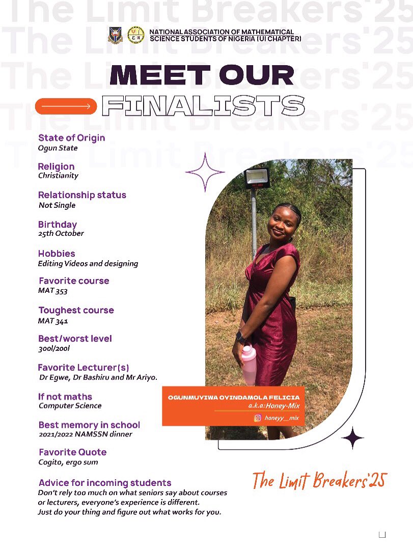 namssn_ui's tweet photo. Meet Ogunmuyiwa Oyindamola Felicia, fondly called Honey-Mix @Oyindapomoola. 
A vibrant, thoughtful, and talented member of The Limit Breakers ’25. Known for her creative flair in video editing and design, she perfectly balances logic with artistry. 
#namssnui #finalist https://t.co/nwoUuQV632