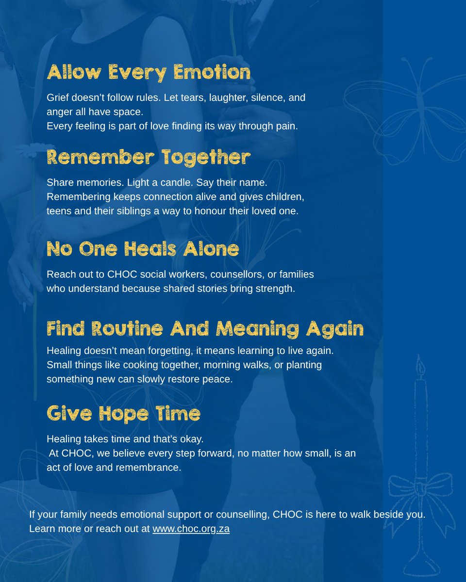 Grief takes courage and no one should walk that road alone.

CHOC offers counselling and emotional support to families navigating loss, helping them heal with love, hope, and remembrance.

Learn more at choc.org.za

#CHOC #Remembrance #ChildhoodCancer #Cancer #CHOCSA