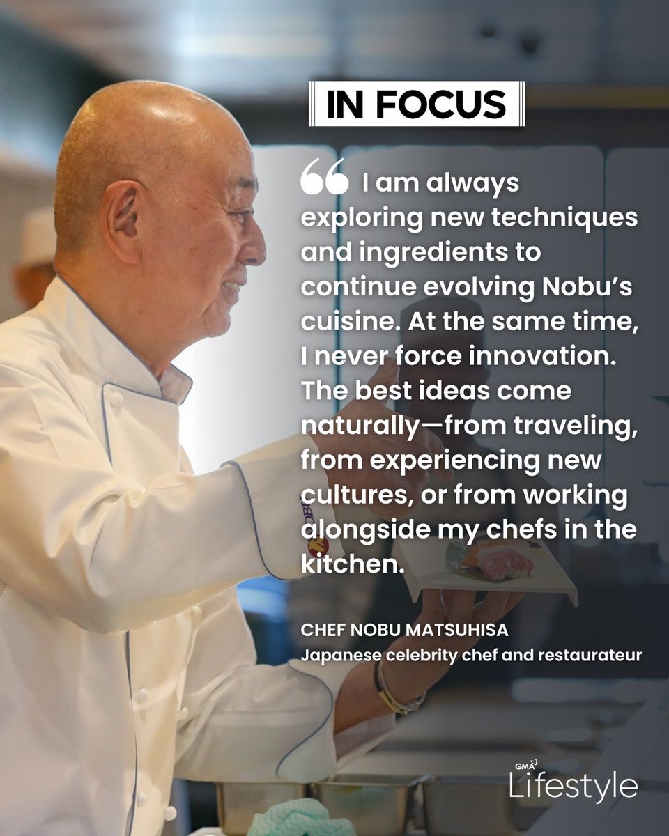 gma_lifestyle's tweet image. According to Chef Nobu, he likes exploring new techniques in cooking, making his cuisine multi-layered as opposed to one note.

No wonder even celebrities like #MarianRivera is raving about the irresistible flavors of Nobu!🍣

Read his #InFocus story HERE: bit.ly/3Jdfel4