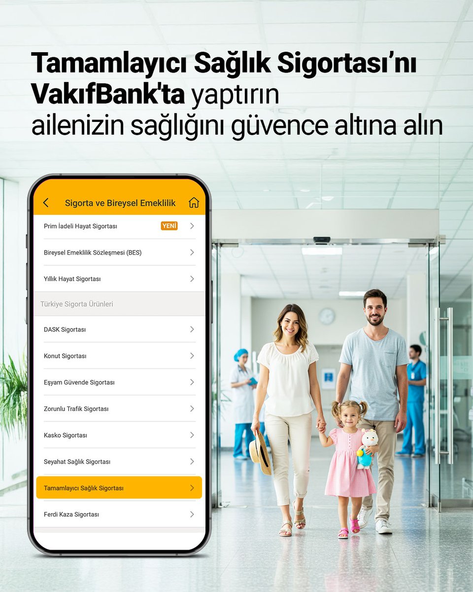 Sizin ve sevdiklerinizin sağlığını güvence altına alan Tamamlayıcı Sağlık Sigortası VakıfBank’ta. Detaylı bilgi için vakifbank.com.tr sitemizi ziyaret edebilirsiniz. #DaimaSeninle