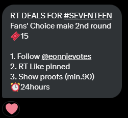 idubilusebongs's tweet photo. RT DEALS FOR #SEVENTEEN  
Fans' Choice male 2nd round 
🎟️15  

1. Follow @eonnievotes  
2. RT Like pinned 
3. Show proofs (min.90) 
⏰24hours https://t.co/Z2Bo4oZ82M
