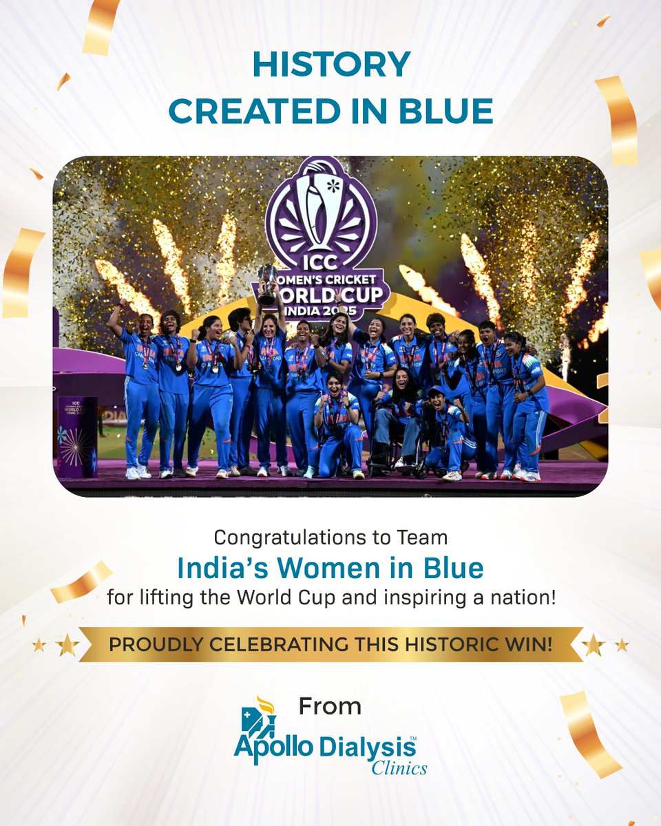 ApolloDialysis's tweet photo. Champions in Blue, Inspiration for a Nation!

Team India’s Women in Blue have redefined strength, resilience, and unity — just like every life we touch at Apollo Dialysis Clinics.

Proud to celebrate this historic World Cup victory!

#WorldCup2025 #apollodialysisclinics https://t.co/31ITqUJnZI