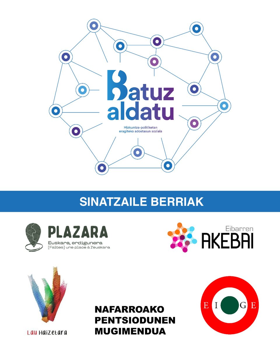 🤝 #BatuzAldatu: Itun Soziopolitiko berrirako proposamenarekin bat egin dute 5 eragilek:

1⃣ Plazara kolektiboa
2⃣ <a href="/LauHaizetara/">Lau Haizetara euskaltzaleon topagunea</a> Elkartea
3⃣ @EibarrenAkebai
4⃣ <a href="/EigeElkartea/">EIGE - EHko Informatzaile Grafikoen Elkartea</a>
5⃣ Nafarroako Pentsionisten Mugimendua

🔍 Sinatzaileak eta atxikimendu berriak👇
kontseilua.eus/batuzaldatu