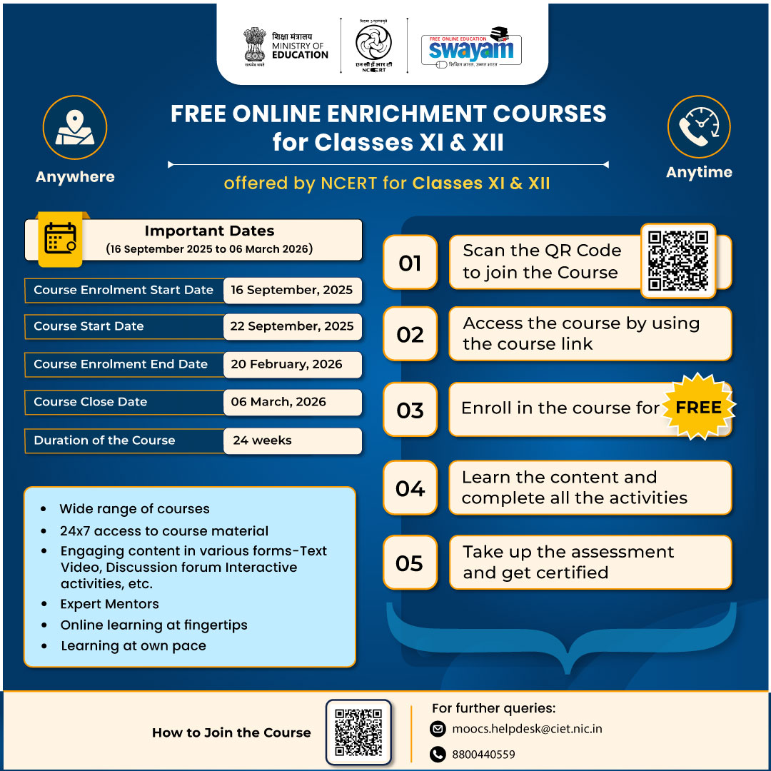 Enrich your knowledge by learning through FREE online courses offered by NCERT on the SWAYAM portal. 

The courses are designed for students in Grades XI and XII across 11 subjects. 

For more information visit, ciet.ncert.gov.in/initiative/moo… 

#NCERT #SWAYAM #OnlineCourses