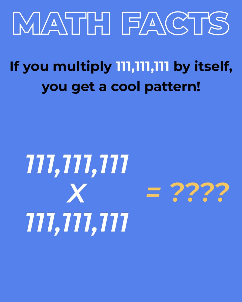 kalvielearning's tweet image. Try this mind-blowing math trick:

📌 111,111,111 × 111,111,111 = 12,345,678,987,654,321 🤯

See how the numbers go up, then mirror back down? Math is full of patterns!

#MindBlown #MathPatterns #CoolMath #MathFacts #FunWithNumbers