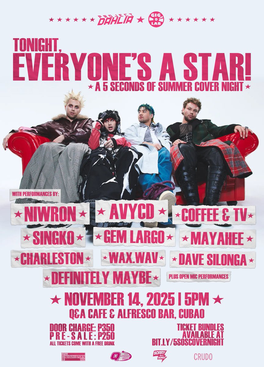 Hey friends! Organizing my first gig and it's a 5SOS cover night, pre-sale tickets are almost sold out! Come watch :D 

Tickets here: bit.ly/5SOSCOVERNIGHT