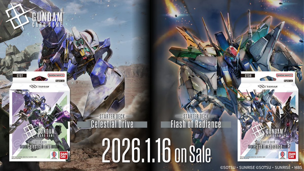 GUNDAM_GCG_ENG's tweet image. [Package Reveal]
Have a look at the package art for starter deck Celestial Drive [ST07] and Flash of Radiance [ST08]!
Mobile Suit Gundam 00 and Mobile Suit Gundam Hathaway are joining GCG!

▽Release Date
1/16/2026 (Fri.)

#GCG
#GundamCardGame