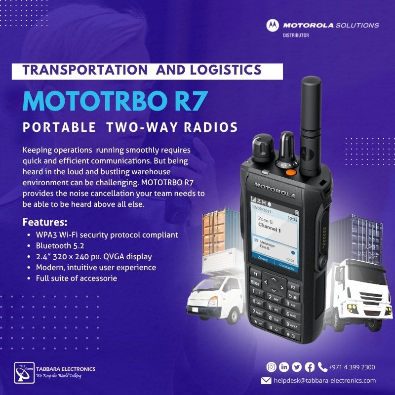 tabbarallc's tweet image. Take your transportation and logistics operations to the next level with the Motorola Solutions MOTOTRBO R7

#TabbaraElectronics #MotorolaSolutions #uae #dubai #abudhabi #middleeast #digitaltwowayradio #transportation 
#ملتزمون_ياوطن
#نتصدر_المشهد