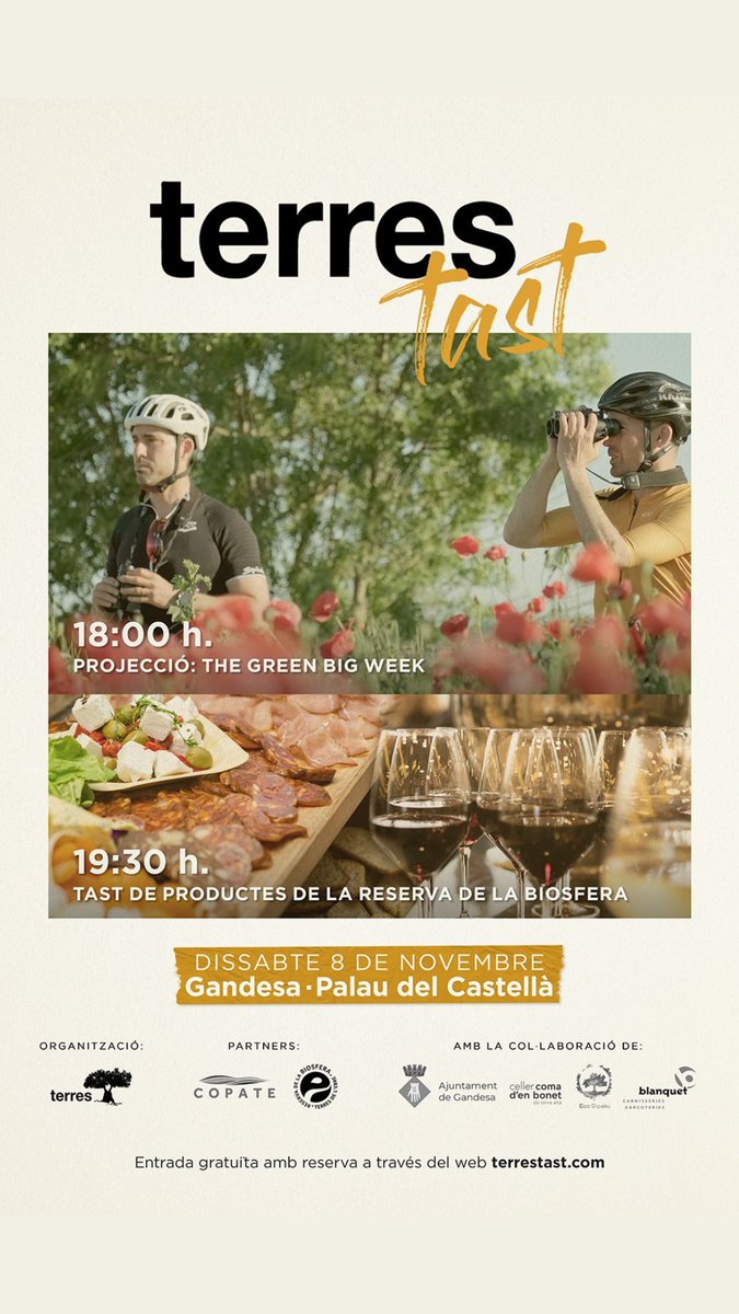 Copate_TE's tweet image. Arriba Terres Tast a Gandesa!
📍 Palau del Castellà - 8/11
🎥 Projecció: The green big week
🍴  Tast de productes de la Reserva de la Biosfera