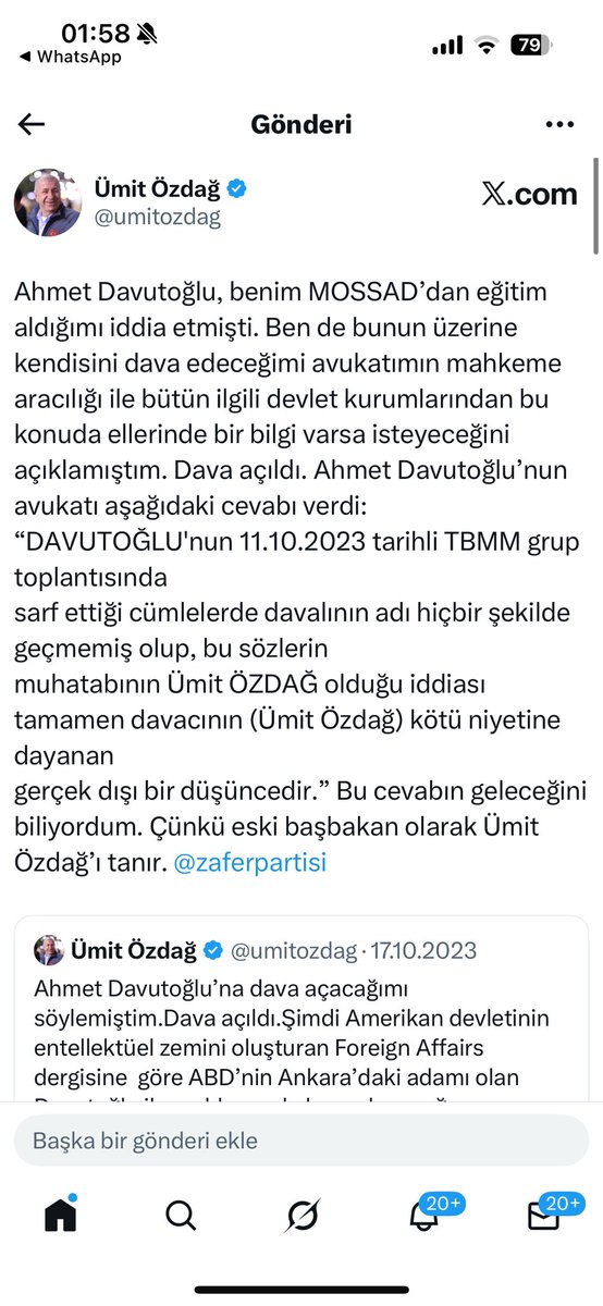 Evet, Ahmet Davutoğlu, bak sana açtığım davanın kaydı. Ve sonra senin avukatının verdiği cevap. 12.10.2023 tarihinde TBMM’de grup toplantısında bana MOSSAD’dan ders aldı iftirasını atıyorsun. 

Seni mahkemeye verince avukatın şöyle yazıyor: "DAVUTOGLU'nun 11.10.2023 tarihli TBMM