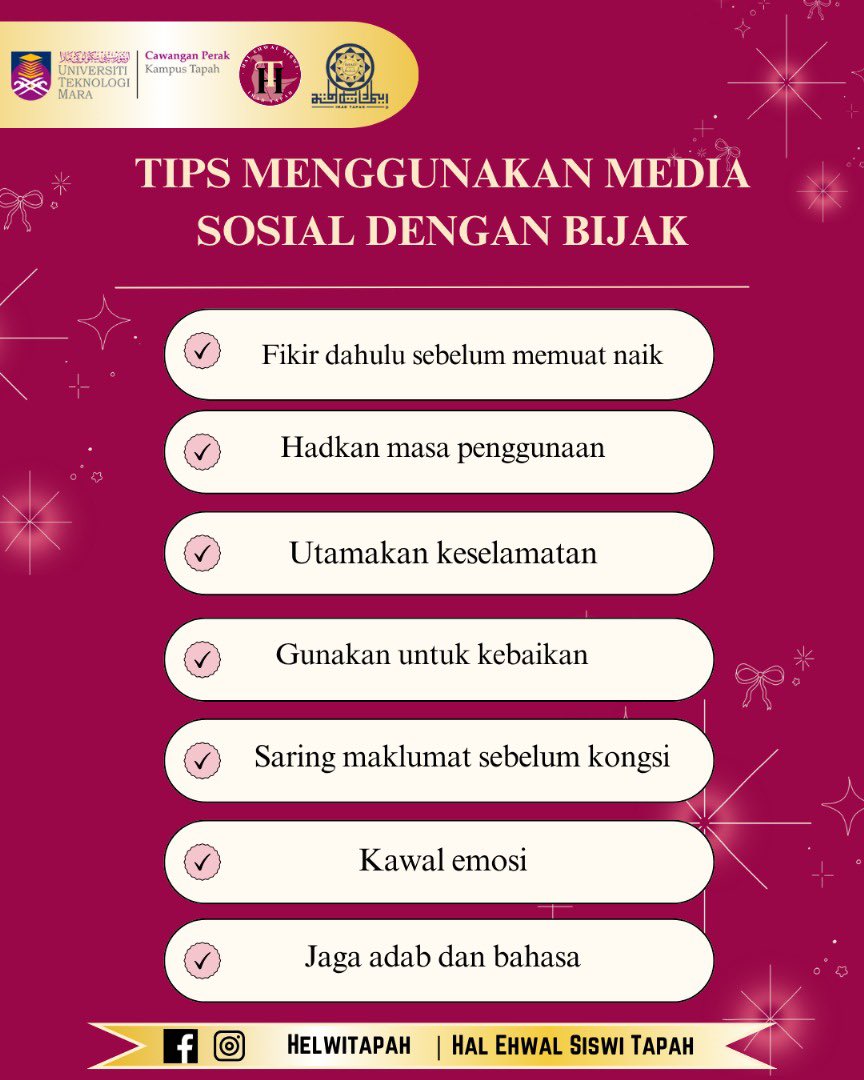 Helwitapah's tweet photo. 💡Tips Menggunakan Media Sosial Dengan Bijak

Gunakan media sosial sebagai alat, bukan  yang mengawal hidup kita. Jadilah pengguna yang berhemah, beretika, dan bertanggungjawab.
#HelwiTapah https://t.co/KjO0QYrAM2