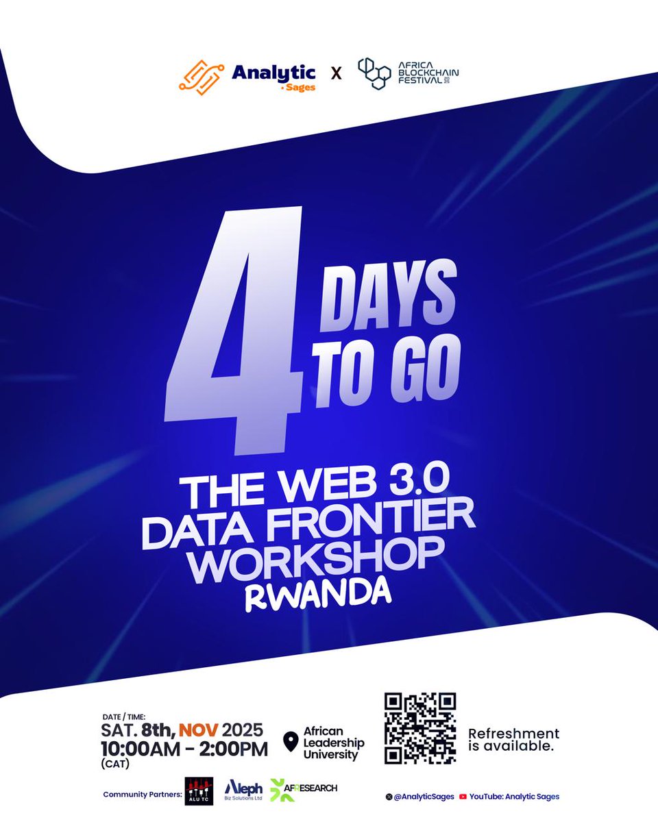AnalyticSages's tweet photo. 4 days to go! 📅

Mark your calendars and set your alarms!

This Saturday, we're diving deep into the future of data.
#DataFrontier #Countdown #Rwanda https://t.co/div0zhERBB