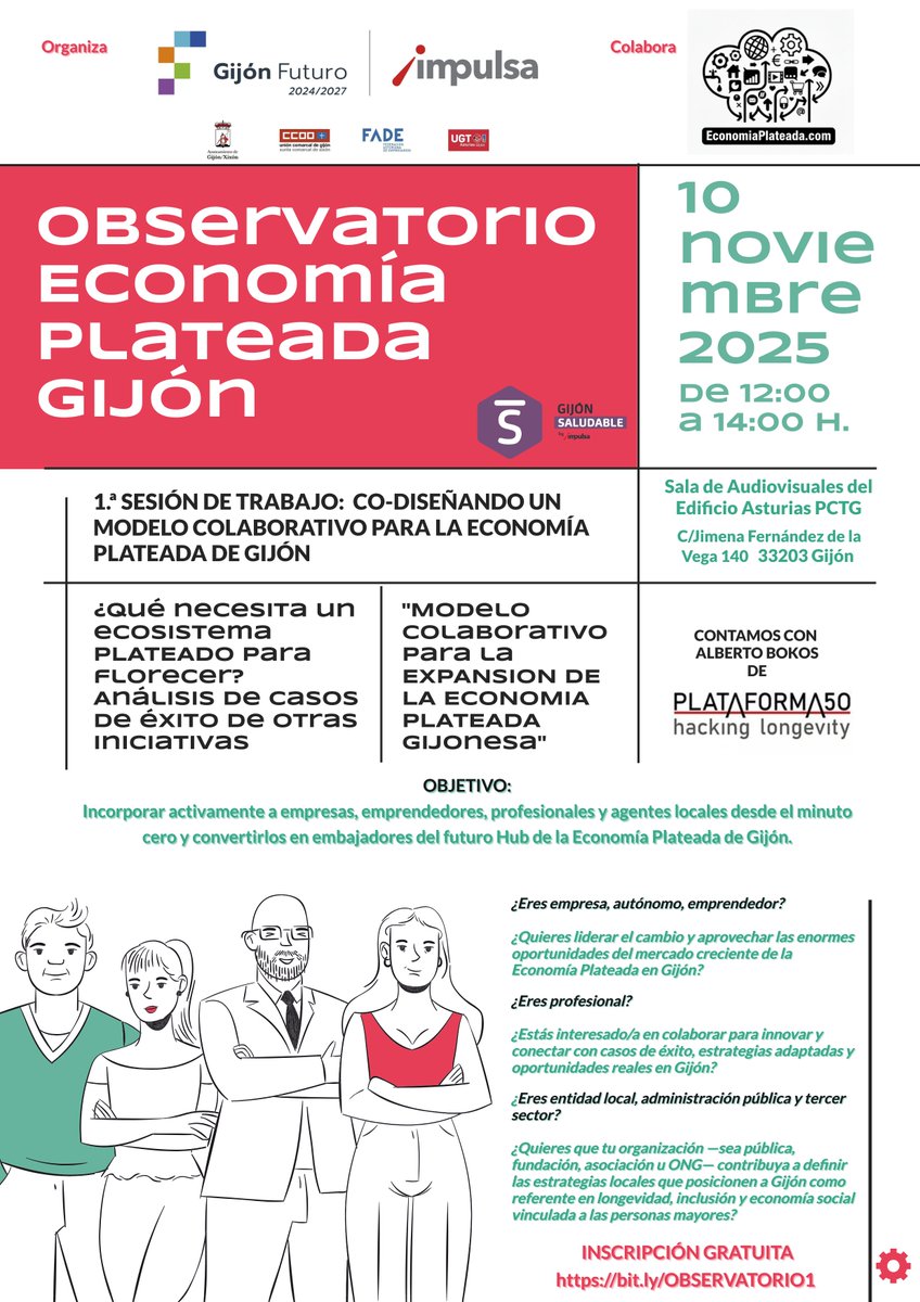 💡 Noviembre=Economía Plateada en Gijón
📅 10 NOV – 1ª sesión Observatorio
 📅18 NOV – Los Martes Pintan Canas
 📅25 NOV – 2ª sesión Observatorio
📍Edificio Asturias · PCTG  Con Alberto Bokos
 ✅Inscripción: bit.ly/OBSERVATORIO1
Organiza <a href="/GijonImpulsa/">Gijón Impulsa</a> · Colabora <a href="/EconomiaPlata/">Economía aqui y ahora Mar del Plata</a>