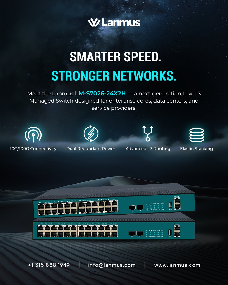 lanmusnetworks's tweet image. Smarter Speed. Stronger Networks. ⚡
The Lanmus LM-S7026-24X2H redefines Layer 3 switching for enterprise &amp;amp; data center cores.
✅ 10G/100G Ports   ✅ Dual Redundant Power   ✅ Elastic Stacking
Learn more 👉 lanmus.com
#Lannmus #Networking #Layer3Switch #DataCenter