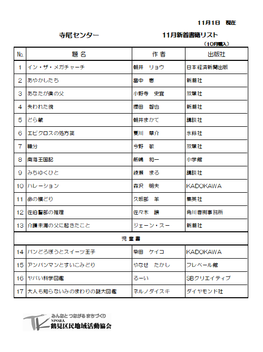 terao_cc's tweet photo. 11月新着図書17冊配架しました。
読書の秋です、是非ご利用ください。
また、11月は「読書活動推進月間」です。
図書コーナーに蔵書の中から過去の受賞作品・ノミネート作品をピックアップしました。
映画化されたり、話題の本もありますので是非お手に取って再度読んでみてください。 https://t.co/RbRN96hpfN