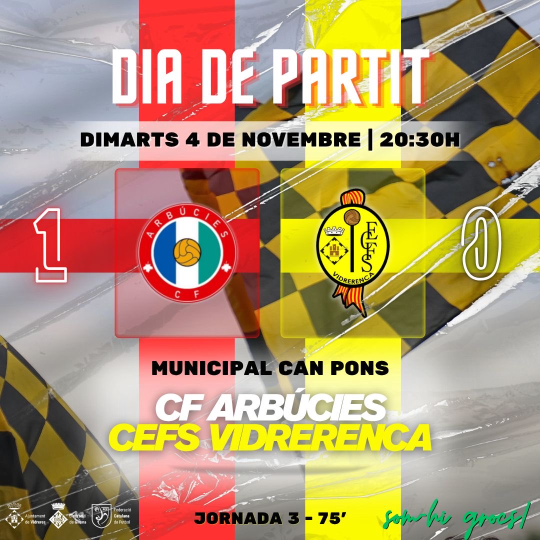 ⚽️ D I A   D E   P A R T I T ⚽️

🆚 <a href="/ArbuciesCF/">Arbúcies Club Futbol</a> 
🏟 ZEM Can Pons (Arbúcies)
🕣 20:30h
👨🏻‍⚖️ Arnau Pujol Benet
⚔️ #2cat1

Avui es reprendrà el partit de la jornada 3 a Arbúcies, aturat al minut 75 per manca d'il•luminació i amb 1-0 al marcador.

#somhigrocs