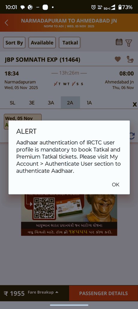 VivekYadav00001's tweet photo. There is a big blunder going on in IRCTC online booking platform. Aadhar authentication pops up when you book the TATKAAL ticket at 10:00 AM &amp; the time is up, even if your Adhar is registered. Why? Automatic LOGOUT as the TATKAAL time starts, why? @IRCTCofficial @RailMinIndia https://t.co/PgHjyZhBS6