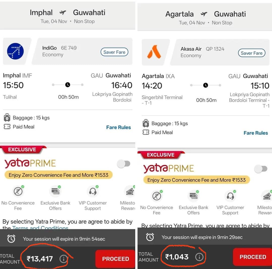 <a href="/RajBhavManipur/">RAJ BHAVAN, MANIPUR</a> It’s not complaint, but a concern. Why there is disparity in airfare on route between Guwahati-Agartala and Guwahati-Imphal. Though flight duration is same. 
Kindly establish fair airfare on Imphal route at earliest possible. 
 <a href="/MoCA_GoI/">MoCA_GoI</a> <a href="/DGCAIndia/">DGCA</a>