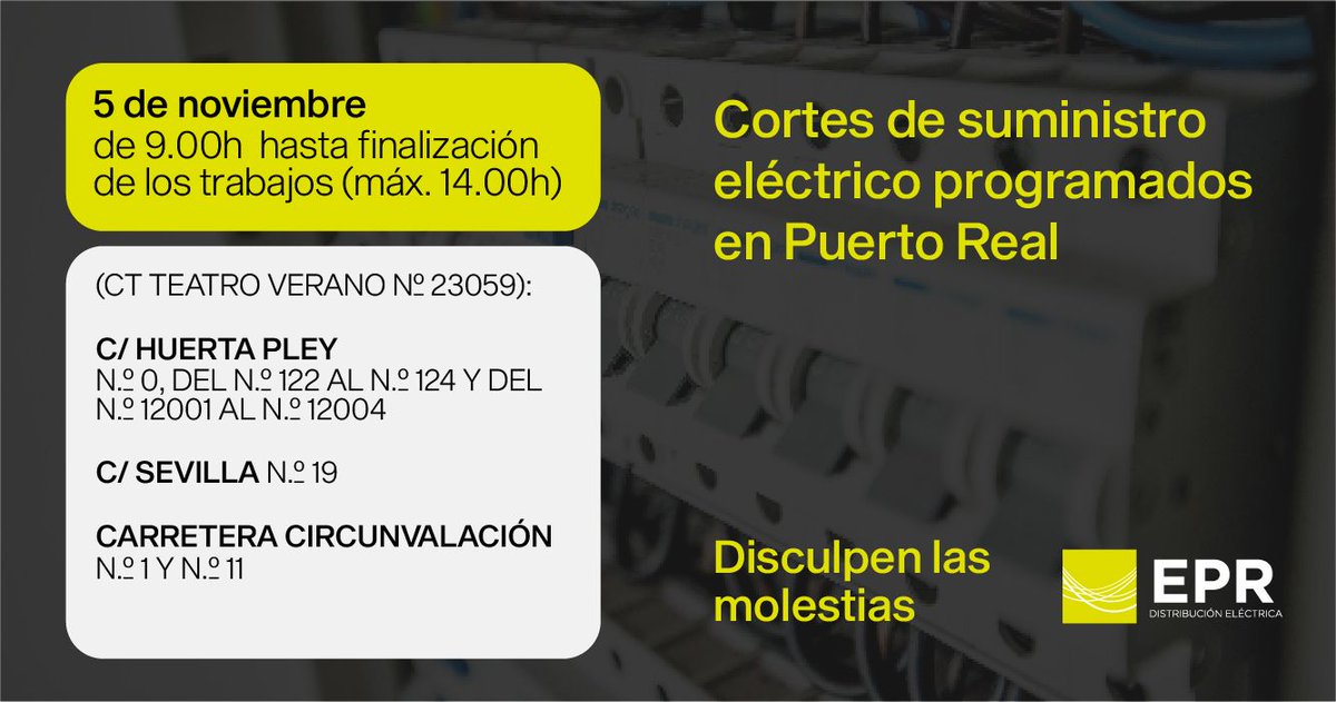 AVISO DE CORTE DE SUMINISTRO ELÉCTRICO #PuertoReal.  Sentimos las molestias. <a href="/aytopuertoreal/">Ayuntamiento de #PuertoReal</a> <a href="/TelePuertoReal/">Tele Puerto Real</a> <a href="/ondacerocadiz/">Onda Cero Cádiz - Rota</a> <a href="/PuertoRealHoy/">PuertoRealHoy</a> <a href="/diariocadizpsm/">DiariodeCádiz PSM</a> <a href="/ptorealdigital/">PuertoRealDigital</a>