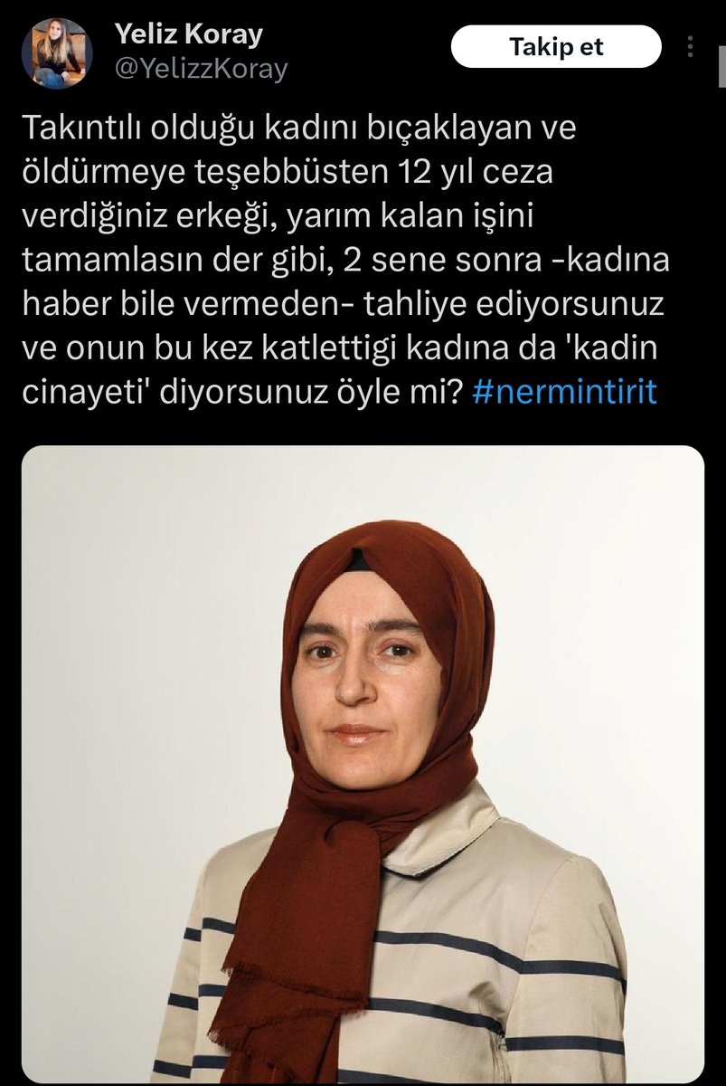 Bu cinayete bilerek ve isteyerek yardım edenler de ceza almadıkça maalesef bu caniler dışarıda elini kolunu sallayarak dolaşmaya devam edecekler.
#nermintirit sizin yüzünüzden bugün hayatta değil!
