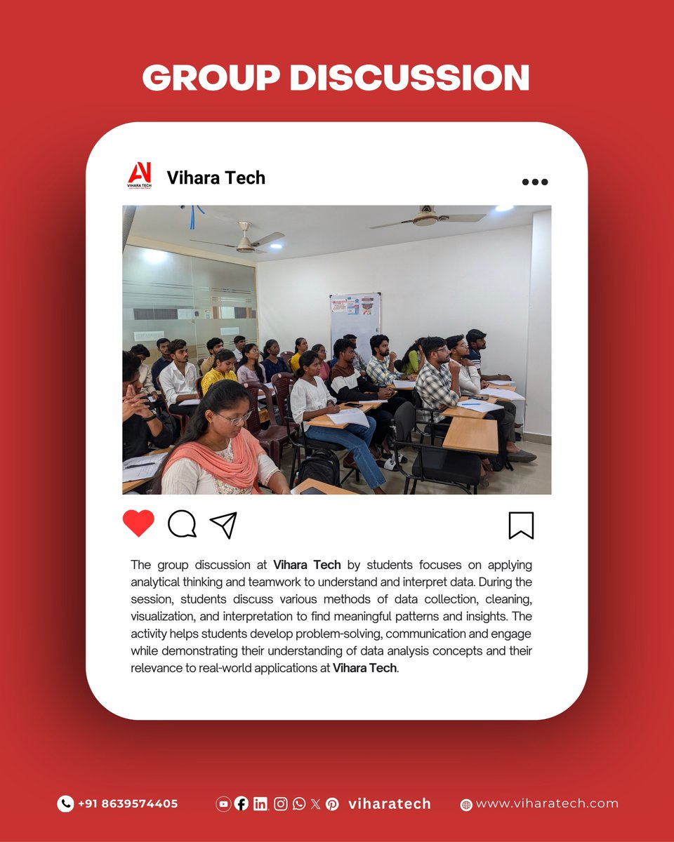 viharatech's tweet image. 💬 Group Discussion at Vihara Tech!
Collaborative learning in action  Our students participated in an engaging group discussion focused on data analysis — from data collection and cleaning to visualization and interpretation.

#ViharaTech #GroupDiscussion #DataAnalysis