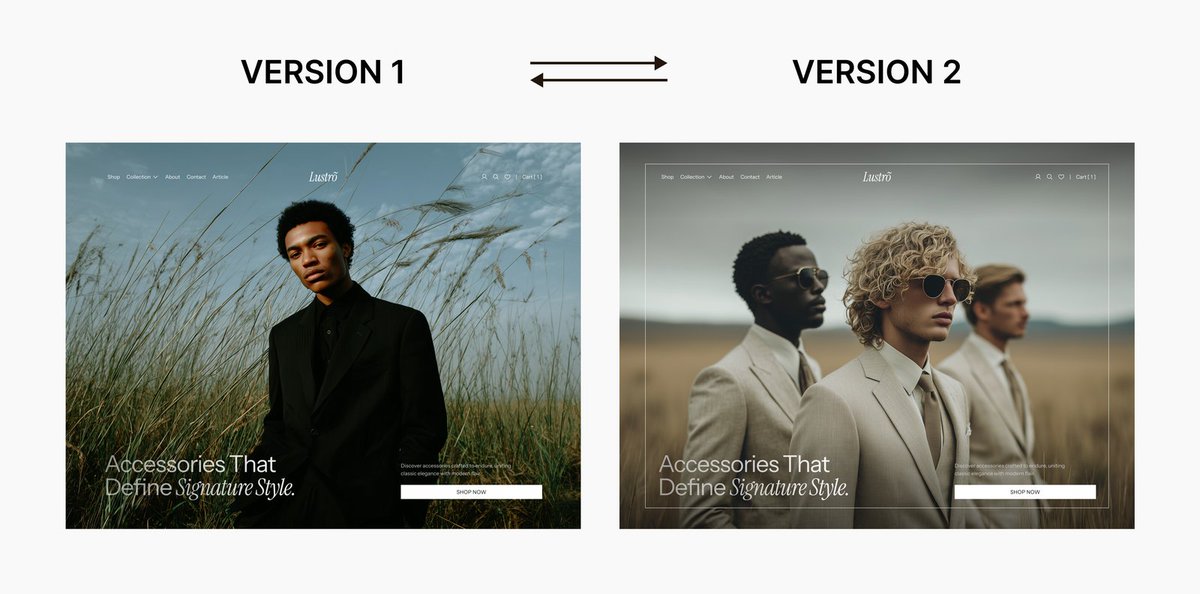 GrabuiLibrary's tweet image. Hero section of Lustro (@framer template) is designed for premium fashion &amp;amp; accessories brands👉... What do you prefer, version 1 or 2?